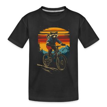Raccoon rides mountain bike - Kids' Premium Organic T-Shirt - black - Front