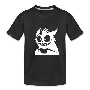 Cat on coffee trip with cup and crazy look - Kids' Premium Organic T-Shirt - black - Front