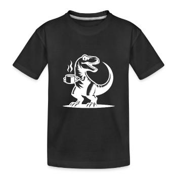 Grim morning grouch dino with coffee cup - Kids' Premium Organic T-Shirt - black - Front