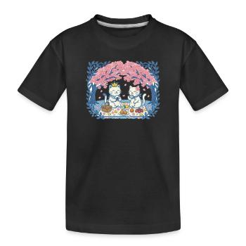 Real cats on picnic between sakura - Kids' Premium Organic T-Shirt - black - Front