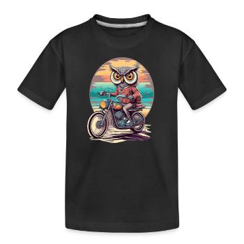 Motorradfahrt bei Sonnenuntergang im Retro-Stil mit einer weisen Eule - Kinder Premium Bio T-Shirt - Schwarz - Vorne