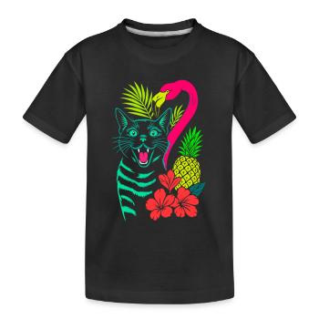 Tropische Katze & Flamingo - Sommer 2025 - Kinder Premium Bio T-Shirt - Schwarz - Vorne