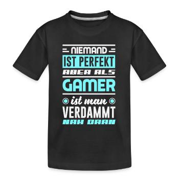 Niemand Ist Perfekt Aber Als Gamer Nah Dran - Kinder Premium Bio T-Shirt - Schwarz - Vorne