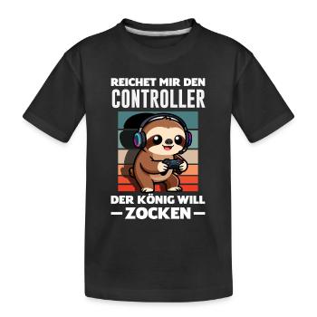 Controller König Will Zocken Lustiges Faultier - Kinder Premium Bio T-Shirt - Schwarz - Vorne