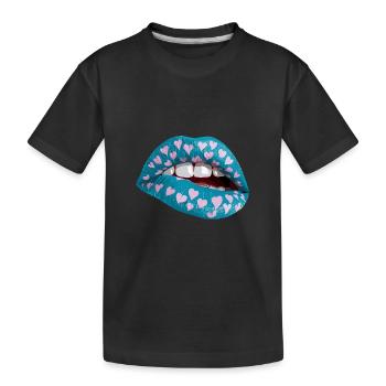 Buntes Lippen Design mit Herz-Muster - Kinder Premium Bio T-Shirt - Schwarz - Vorne