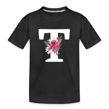 Buchstabe t blumig - Kinder Premium Bio T-Shirt - Schwarz - Vorne