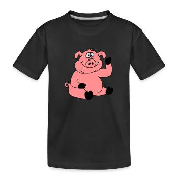 Niedliches Cartoon Comic Schwein Winkt Freundlich - Kinder Premium Bio T-Shirt - Schwarz - Vorne