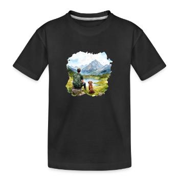 Man with Dog Hiking Outdoor Mountains Lake - Kids' Premium Organic T-Shirt - black - Front