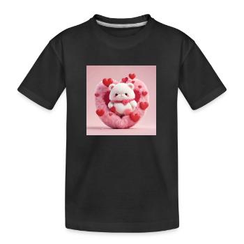 Weißer Teddybär in einem flauschigen Herz, rote Herzen drumherum - Kinder Premium Bio T-Shirt - Schwarz - Vorne