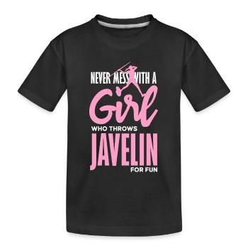 Javelin thrower with fun statement - Kids' Premium Organic T-Shirt - black - Front