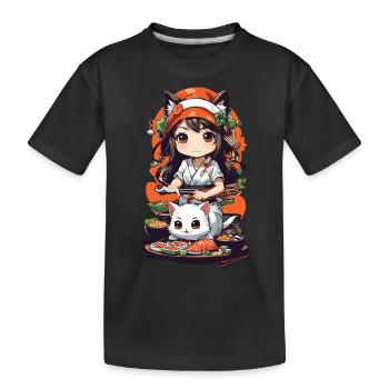 Kawaii Anime Sushi Kemomimi Master with Cat - Kids' Premium Organic T-Shirt - black - Front