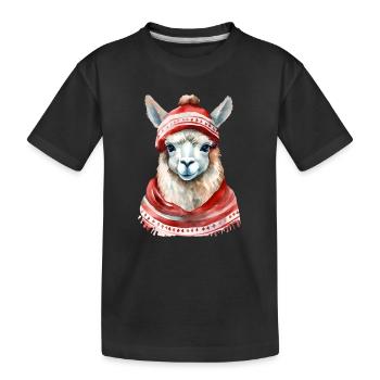 Llama with red winter hat and scarf - Kids' Premium Organic T-Shirt - black - Front