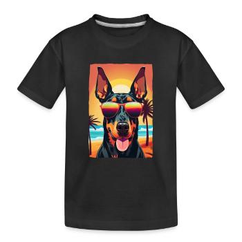 cooler Doberman am Strand mit Sonnenbrille - Kinder Premium Bio T-Shirt - Schwarz - Vorne