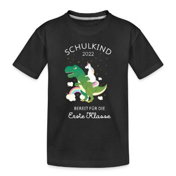 Schulkind 2022 Einhorn Reitet Auf Dino Zur Schule - Kinder Premium Bio T-Shirt - Schwarz - Vorne