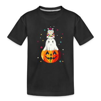 Eule und Geist auf dem Kürbis – Halloween-Motiv - Kinder Premium Bio T-Shirt - Schwarz - Vorne