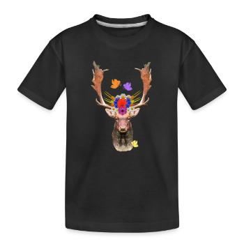 blumenmuster, hirschkopf, waldtiere - Kinder Premium Bio T-Shirt - Schwarz - Vorne