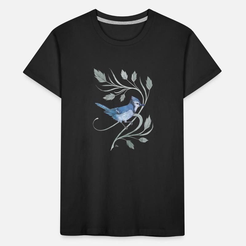 Blauer Eichelhäher auf einem Zweig mit Blättern Kinder Premium Bio T-Shirt