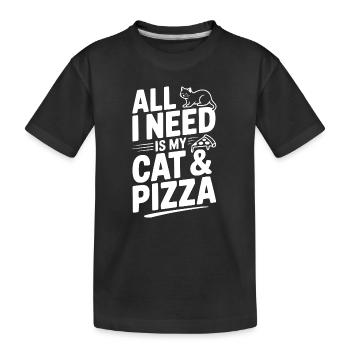 Alles, was ich brauche, ist meine Katze und Pizza - Kinder Premium Bio T-Shirt - Schwarz - Vorne