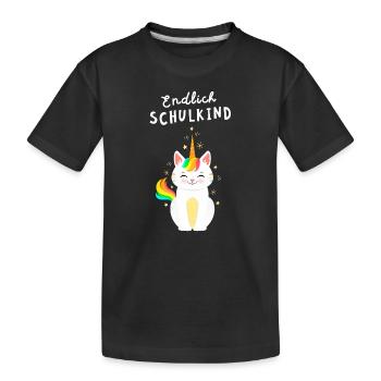 Endlich Schulkind Katze Einhorn Einschulung - Kinder Premium Bio T-Shirt - Schwarz - Vorne