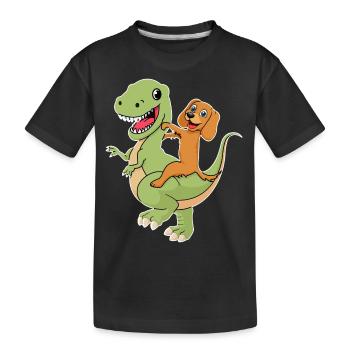 dog riding a dino dog dog friend dinosaur t rex - Kids' Premium Organic T-Shirt - black - Front
