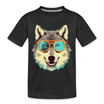 Grauer Wolf im Retro-Sonnenbrillenrahmen Wolves Graphic - Kinder Premium Bio T-Shirt - Schwarz - Vorne