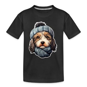 Winter dog in the snow with hat and scarf - Kids' Premium Organic T-Shirt - black - Front