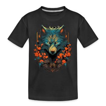 Wolf Wolfskopf Mystisch Blumen Natur Wildnis Kunst - Kinder Premium Bio T-Shirt - Schwarz - Vorne