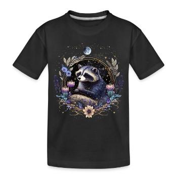 Little Raccoon, Moon, Flowers, Stars, Animals, - Kids' Premium Organic T-Shirt - black - Front