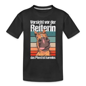 Vorsicht vor der Reiterin das Pferd ist harmlos - Kinder Premium Bio T-Shirt - Schwarz - Vorne