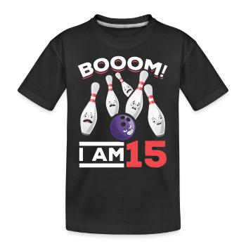 Boom! Ich bin 15 Geburtstag Bowlingspieler Bowling - Kinder Premium Bio T-Shirt - Schwarz - Vorne