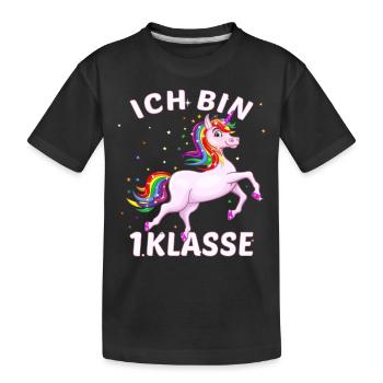Einschulung süßes Einhorn Ich bin 1. Klasse - Kinder Premium Bio T-Shirt - Schwarz - Vorne