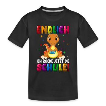 Endlich ich rocke jetzt die Schule Dino - Kinder Premium Bio T-Shirt - Schwarz - Vorne
