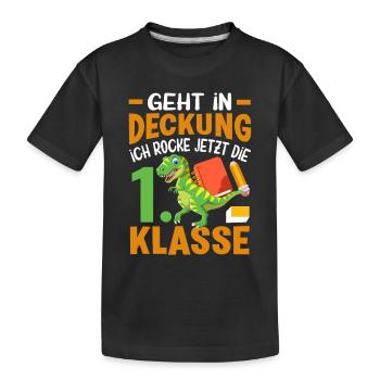 1. Klasse Einschulung Schulanfang Dino - Kinder Premium Bio T-Shirt - Schwarz - Vorne