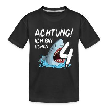 Achtung ich bin schon 4. Kindergeburtstag Hai - Kinder Premium Bio T-Shirt - Schwarz - Vorne