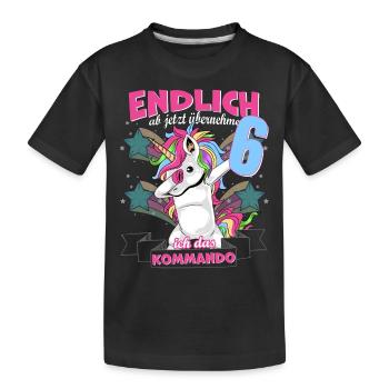 Kinderkleidung, Einhorn zum 6. Geburtstag, 6 Jahre - Kinder Premium Bio T-Shirt - Schwarz - Vorne