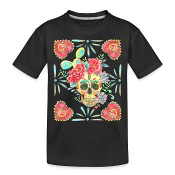 Mexican Sugar Skull, Heart Heart and Cactus - Kids' Premium Organic T-Shirt - black - Front