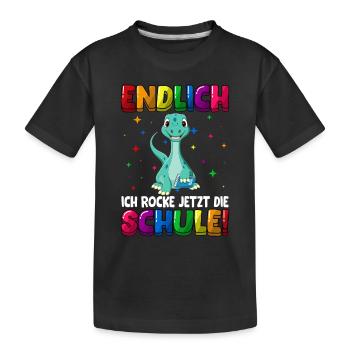 Endlich ich rocke jetzt die Schule Dino - Kinder Premium Bio T-Shirt - Schwarz - Vorne