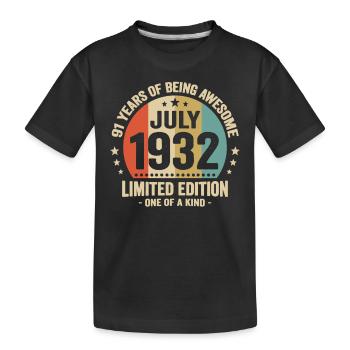 July 1932 91 Years Anniversary Vintage Gift - Kids' Premium Organic T-Shirt - black - Front