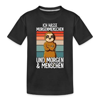 Ich Hasse Morgenmenschen Faultier - Kinder Premium Bio T-Shirt - Schwarz - Vorne