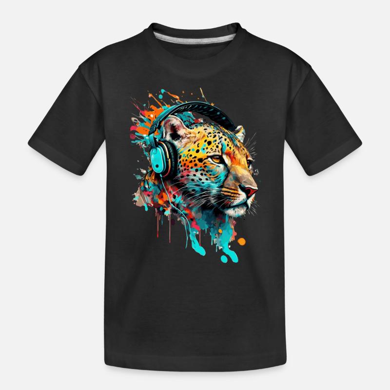 Leopard mit Kopfhörern DJ - Kinder Premium Bio T-Shirt - Schwarz