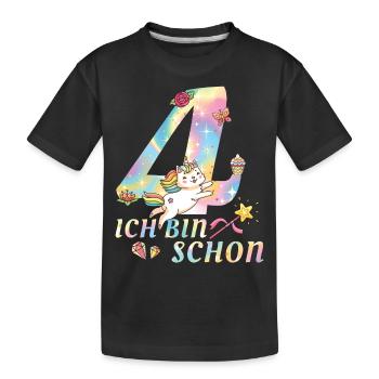 Einhorn Katze Geburtstag Ich bin schon 4 Geschenk - Kinder Premium Bio T-Shirt - Schwarz - Vorne