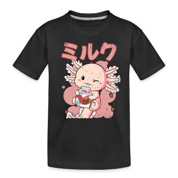Kawaii Axolotl Strawberry Milk - Kids' Premium Organic T-Shirt - black - Front