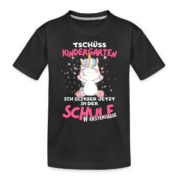 Einhorn Schulkind 2023: Tschüss Kindergarten! - Kinder Premium Bio T-Shirt - Schwarz - Vorne