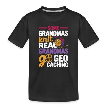 Manche Omas stricken Echte Omas gehen Geocaching - Kinder Premium Bio T-Shirt - Schwarz - Vorne
