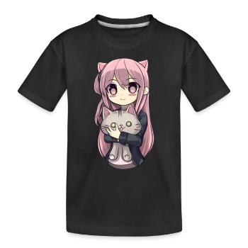 Anime Katzen Kawaii Teen Otaku Mädchen Mit Katze - Kinder Premium Bio T-Shirt - Schwarz - Vorne