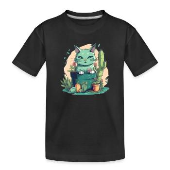 Green cat in flower pot with cactus and pumpkin - Kids' Premium Organic T-Shirt - black - Front