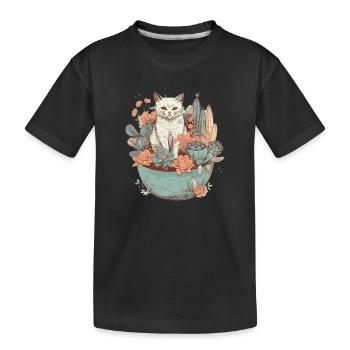 Katze im Blumentopf gezeichnet - Kinder Premium Bio T-Shirt - Schwarz - Vorne