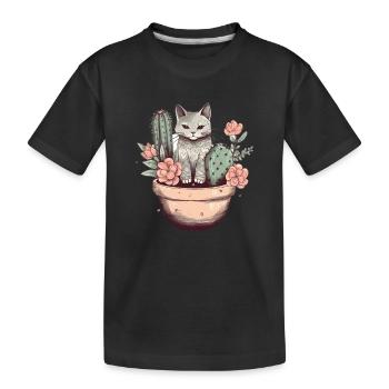 Chat en pot de fleurs avec cactus et fleurs - T-shirt bio Premium Enfant - noir - Devant
