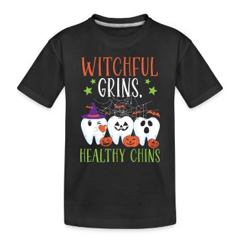 Hexenhaftes Grinsen, gesundes Kinn. - Kinder Premium Bio T-Shirt - Schwarz - Vorne