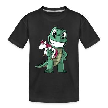 Dinosaurier mit einem niedlichen Einhorn - Kinder Premium Bio T-Shirt - Schwarz - Vorne